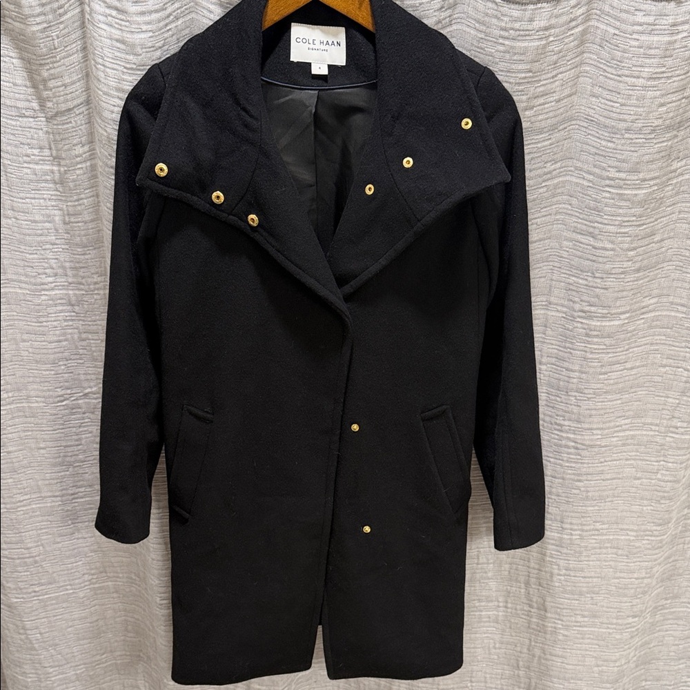 Cole Haan Women's Black Trench Business Contemporary Minimal Wool coat Size 4